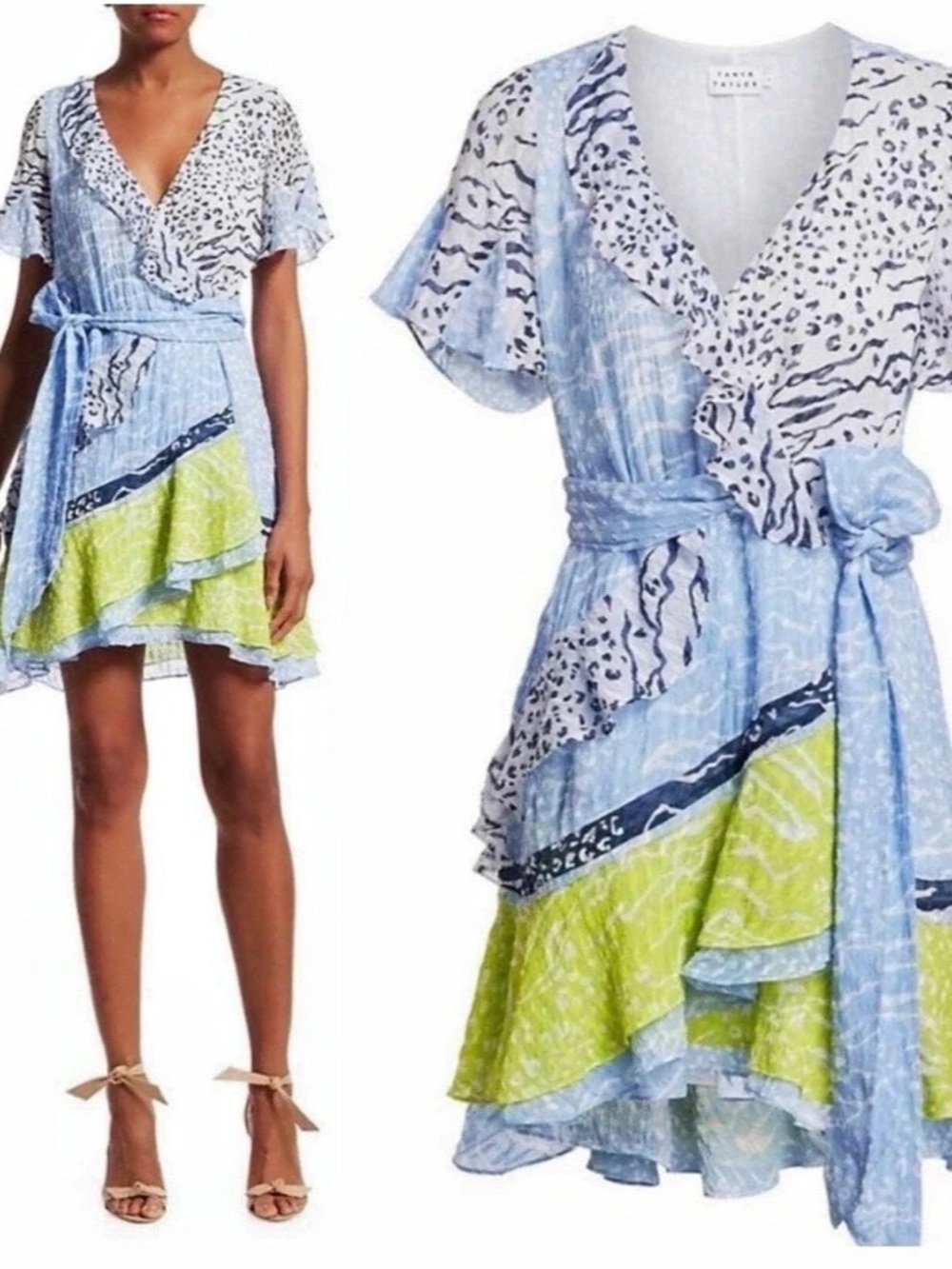 Tanya Taylor Silk Mini Wrap Dress in Blue & Green Size 10 NWT